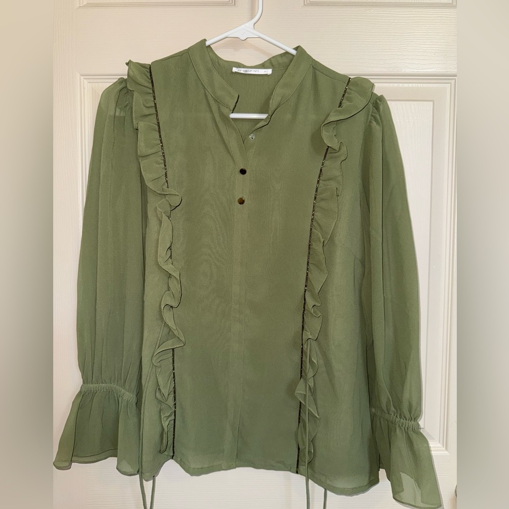 Green Ruffled Long Sleeve Blouse with Mandarin Collar